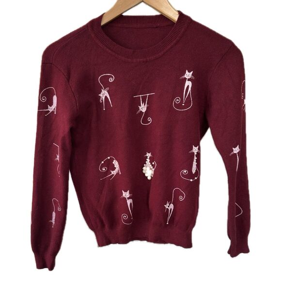 Unbranded Silkscreen Crazy Cat Lady Pearls Embellishment Knit Crewneck Sweater - Picture 1 of 4